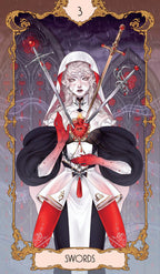 Tarot card featuring a figure with swords and red accents, labeled 'Swords'.