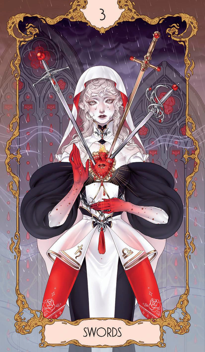 Tarot card featuring a figure with swords and red accents, labeled 'Swords'.