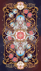 Decorative card with intricate designs, flowers, and a central figure on a dark background.