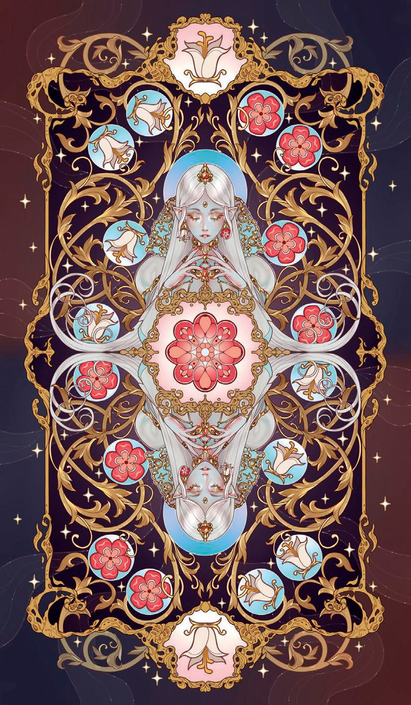 Decorative card with intricate designs, flowers, and a central figure on a dark background.