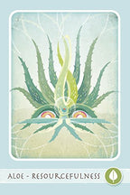 Card with a stylized aloe plant on a light blue background, labeled 'Aloe - Resourcefulness'.