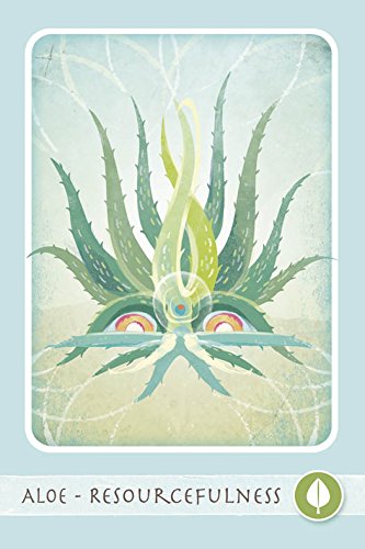 Card with a stylized aloe plant on a light blue background, labeled 'Aloe - Resourcefulness'.