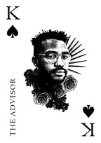 Playing card with a stylized portrait of a man, roses, and 'The Advisor' text on a white background.