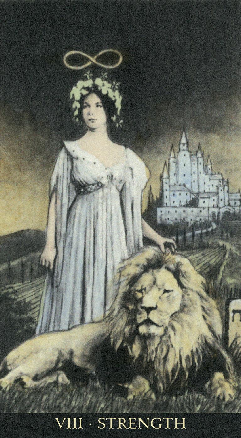 Tarot card titled 'Strength' featuring a woman in a white dress with a lion and a castle in the background.