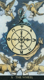 Decorative card with a central wheel symbol, surrounded by winged figures and animals, on a blue background.