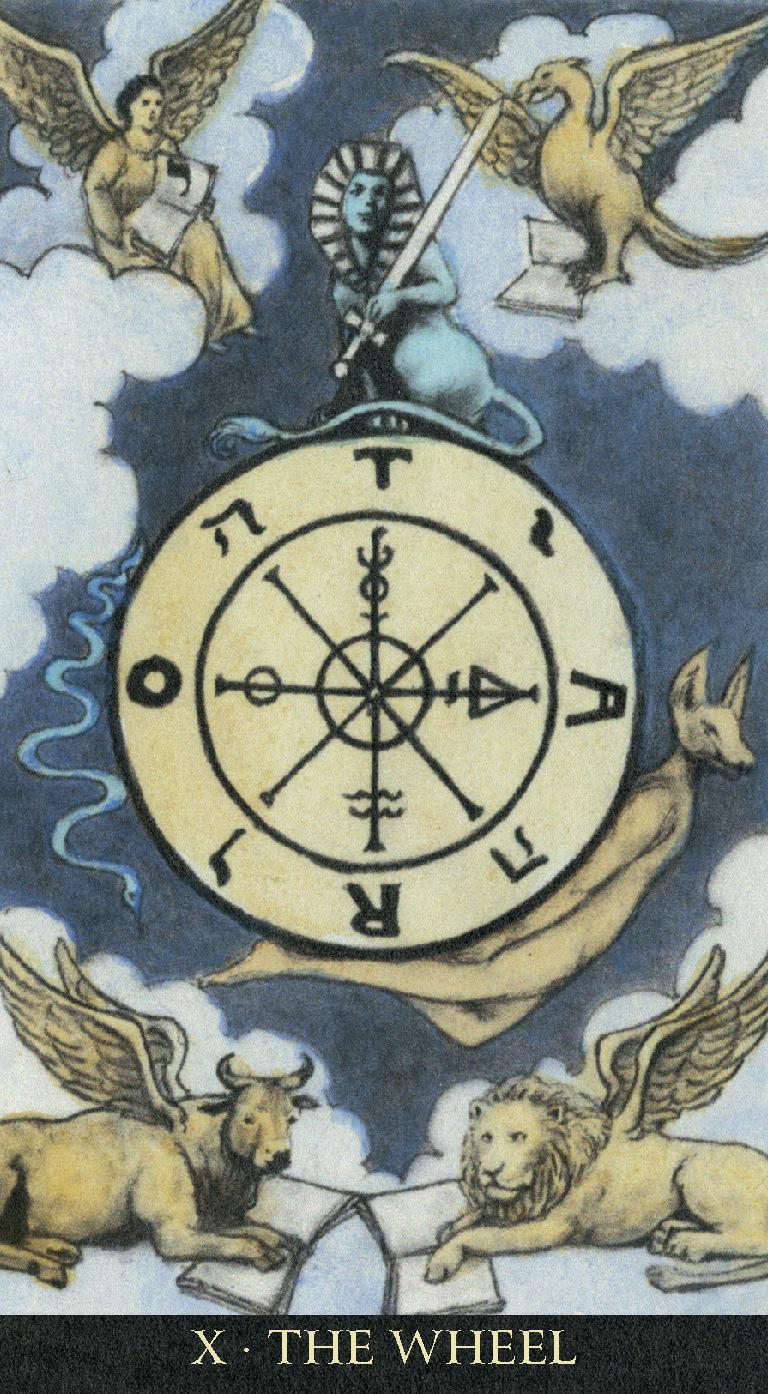 Decorative card with a central wheel symbol, surrounded by winged figures and animals, on a blue background.