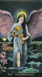 Tarot card featuring an angel with wings holding two bowls, labeled 'XIV Temperance'.