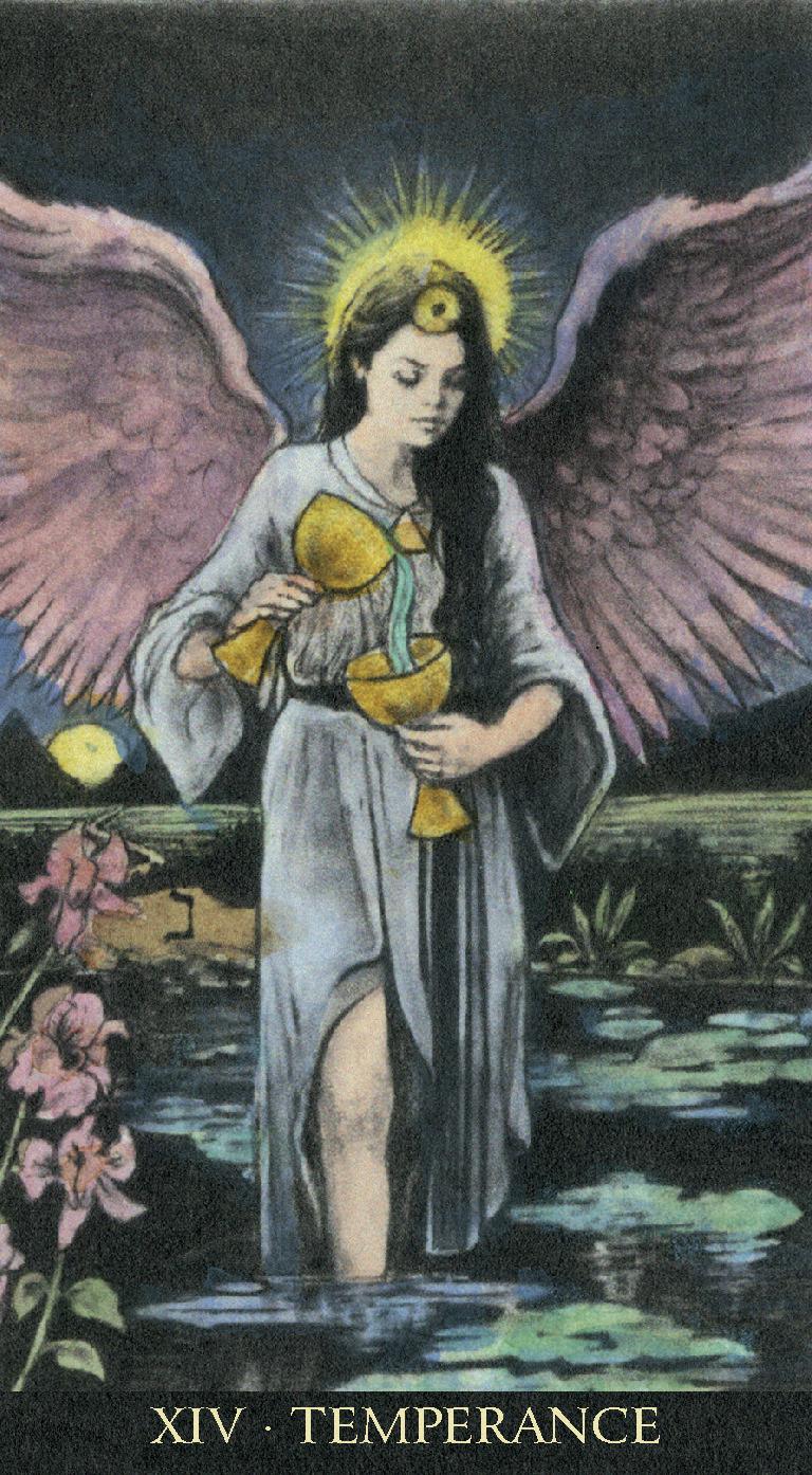 Tarot card featuring an angel with wings holding two bowls, labeled 'XIV Temperance'.