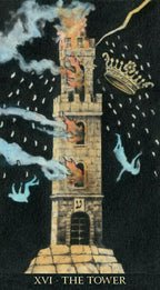 Tarot card featuring a tower with flames and smoke, labeled 'The Tower'.