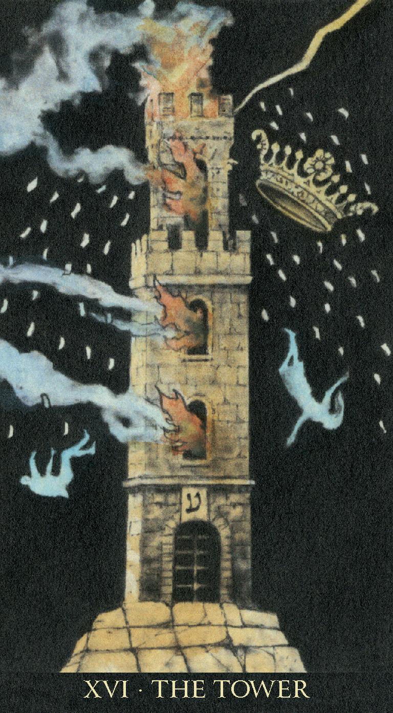 Tarot card featuring a tower with flames and smoke, labeled 'The Tower'.