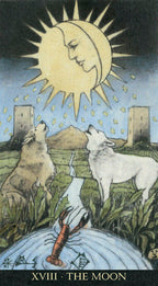 Card featuring two wolves howling at a sun and moon in a landscape with mountains and towers.