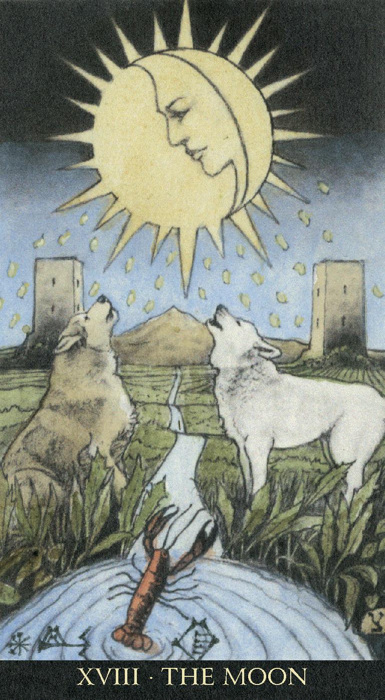 Card featuring two wolves howling at a sun and moon in a landscape with mountains and towers.