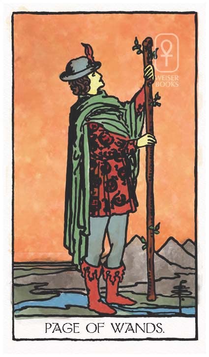 Card from a tarot deck featuring a person holding a staff with mountains in the background