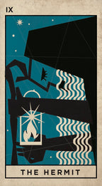 Tarot card titled 'The Hermit' with geometric design elements on a beige background