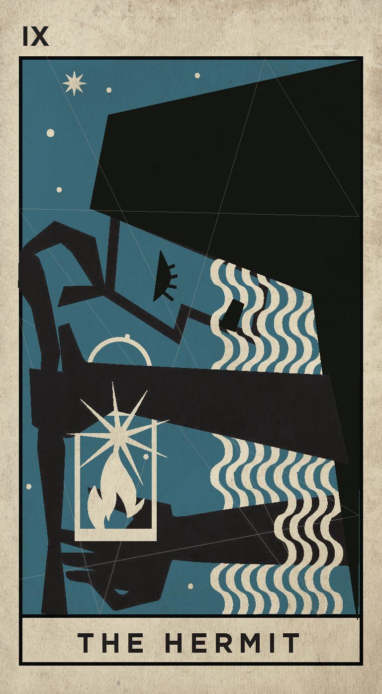 Tarot card titled 'The Hermit' with geometric design elements on a beige background