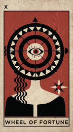 Tarot card titled 'Wheel of Fortune' with geometric design and eye symbol.