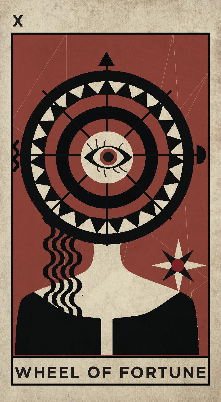 Tarot card titled 'Wheel of Fortune' with geometric design and eye symbol.