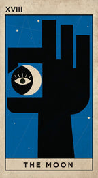Tarot card featuring the 'The Moon' card with a stylized moon and eye design on a beige background.