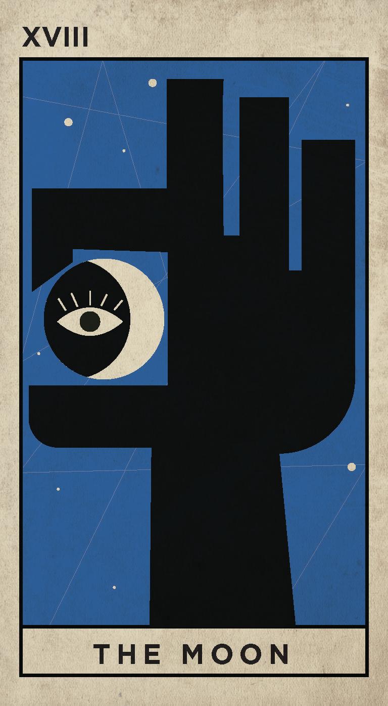 Tarot card featuring the 'The Moon' card with a stylized moon and eye design on a beige background.