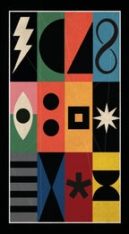 Geometric abstract design with various shapes and colors on a black background
