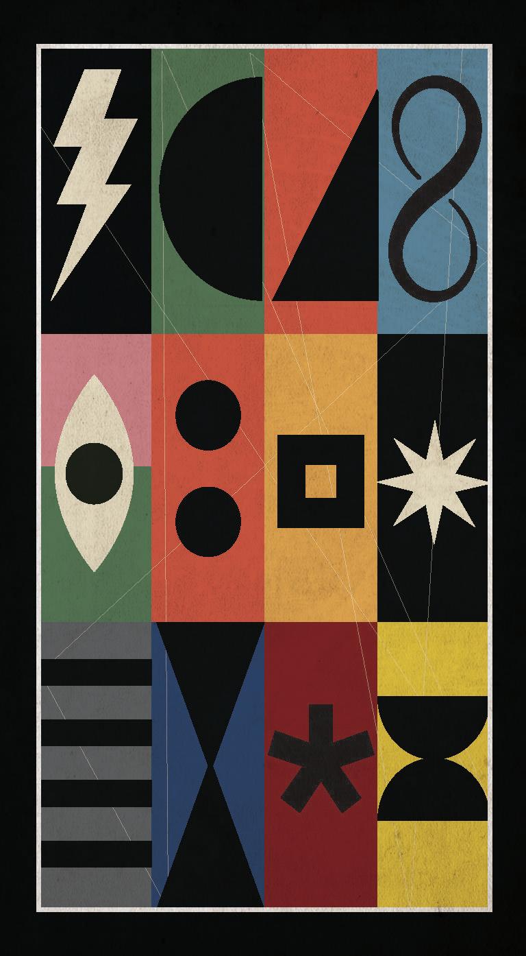 Geometric abstract design with various shapes and colors on a black background