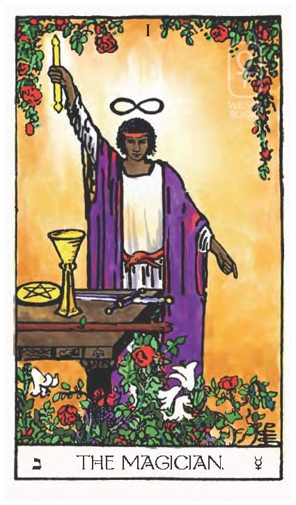 Tarot card featuring 'The Magician' with a person in robes holding a candle, surrounded by nature elements.