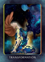 Card with a stylized illustration of a woman and cat under a starry sky, labeled 'Transformation'.