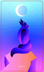 Wolf illustration under a crescent moon with a gradient background