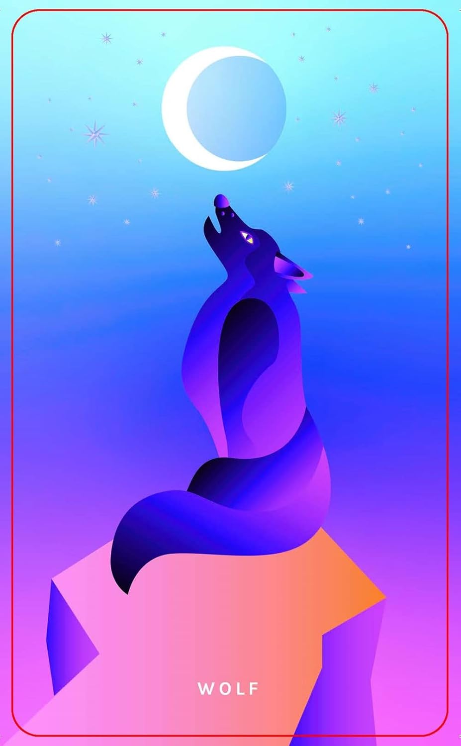 Wolf illustration under a crescent moon with a gradient background