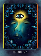 Card with a face and eye design labeled 'Intuition' on a dark background
