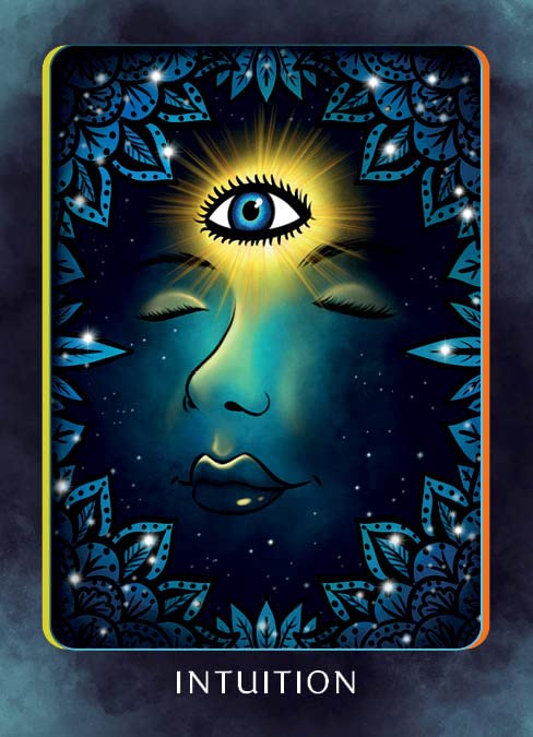 Card with a face and eye design labeled 'Intuition' on a dark background