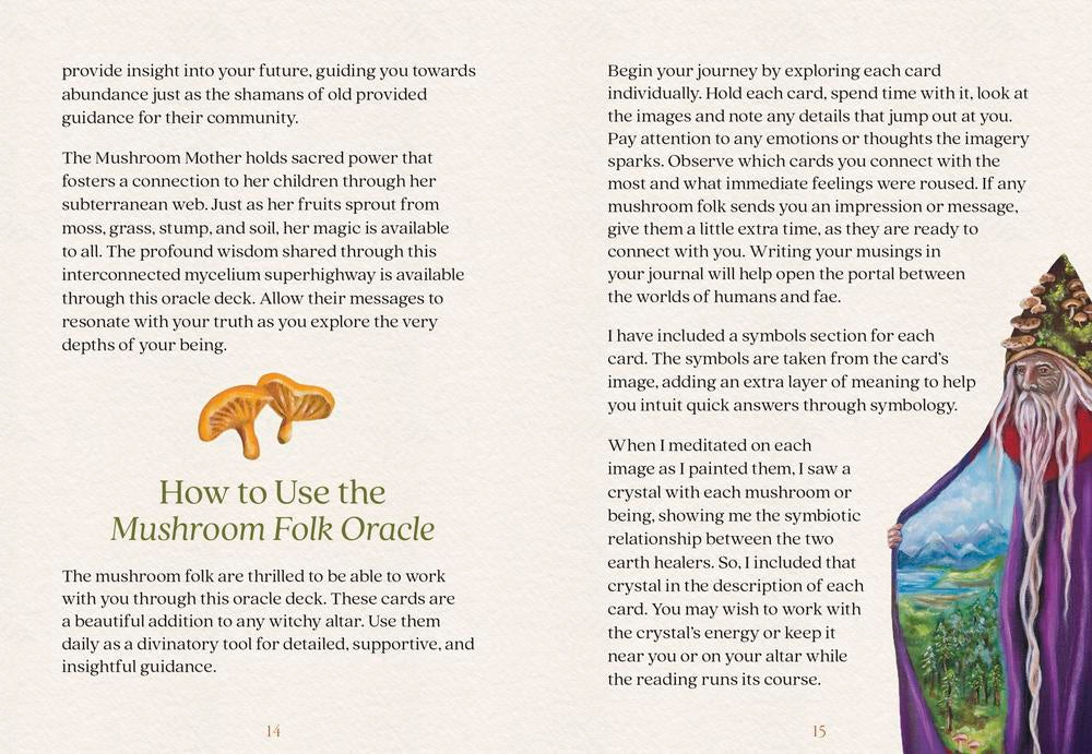Instructions for using a Mushroom Folk Oracle deck with text and illustrations on a white background.