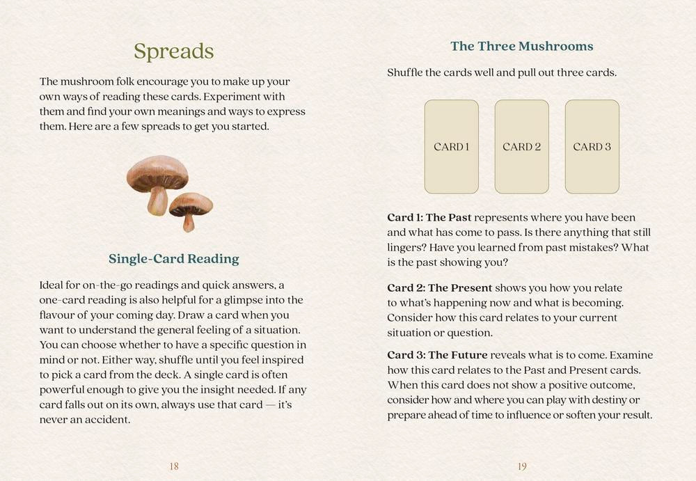 Instructions for a card reading game with mushroom imagery and text on a white background