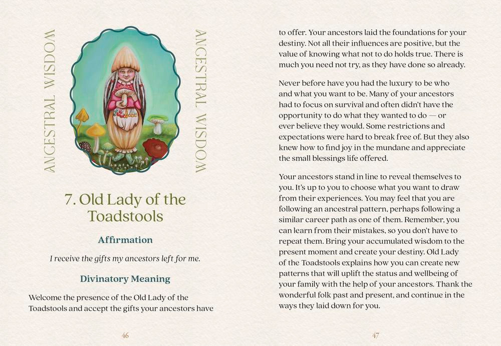 Illustration of the Old Lady of the Toadstools with text on ancestral wisdom and toadstools.