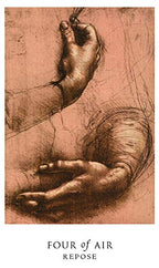 Artistic depiction of two hands in a 'repose' pose on a textured brown background with text 'Four of Air'.