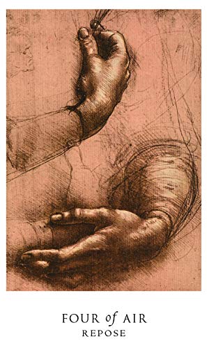 Artistic depiction of two hands in a 'repose' pose on a textured brown background with text 'Four of Air'.