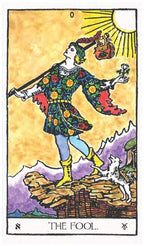 Tarot card titled 'The Fool' with a colorful character and scenic background.
