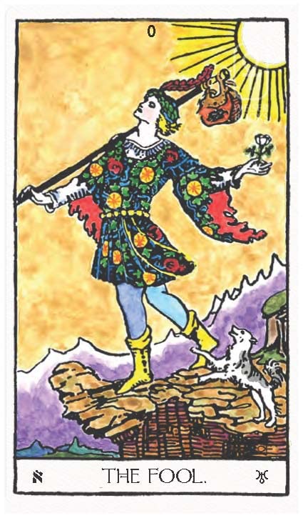 Tarot card titled 'The Fool' with a colorful character and scenic background.