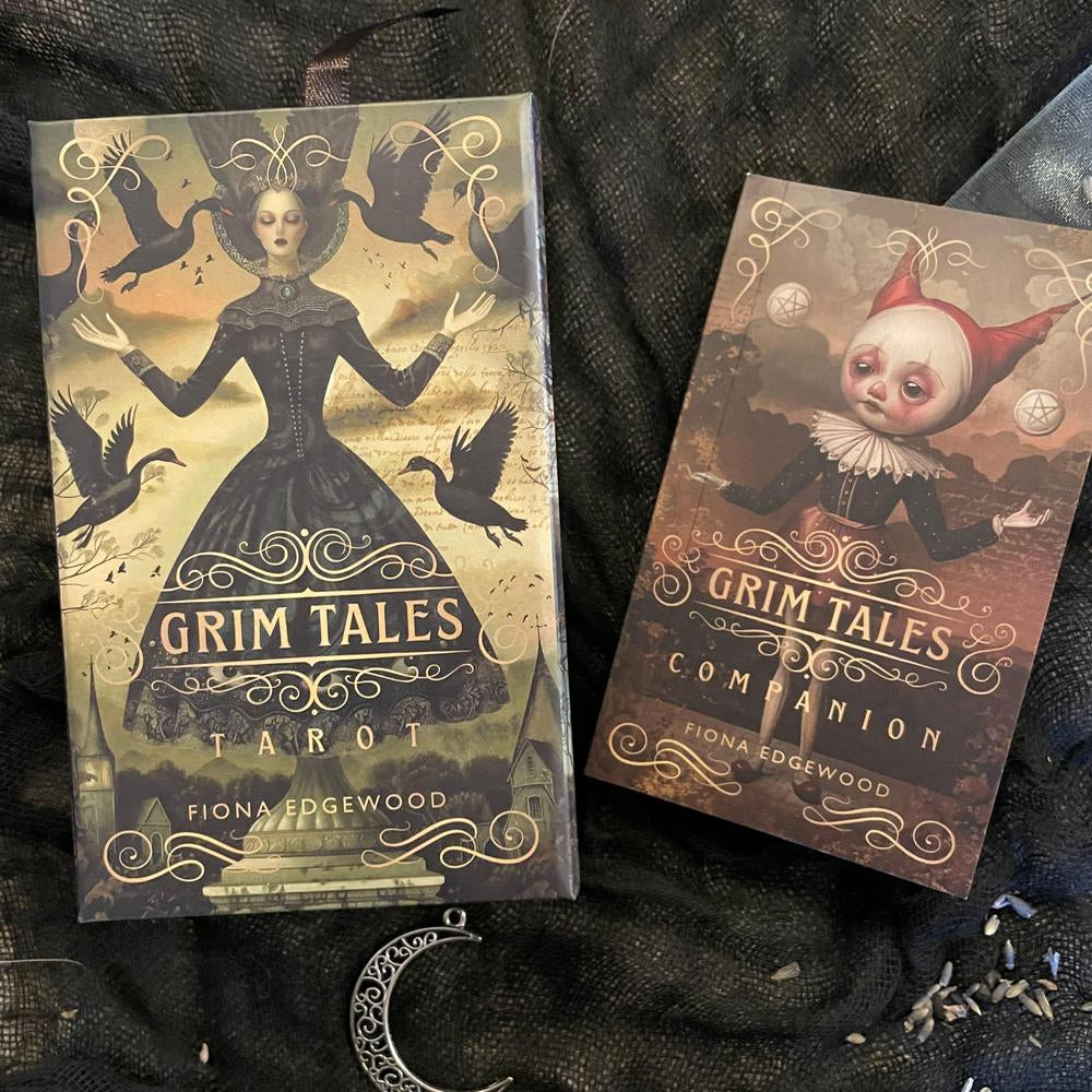 Two books titled 'Grim Tales Tarot' and 'Grim Tales Companion' by Fiona Edgewood on a dark textured background.