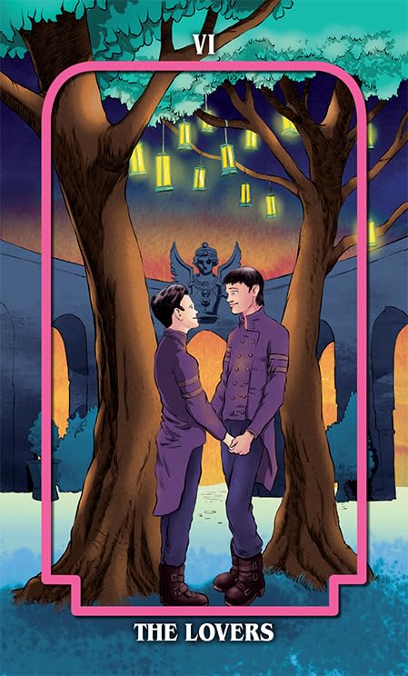 Tarot card titled 'The Lovers' with two people holding hands under a tree, surrounded by glowing lights.