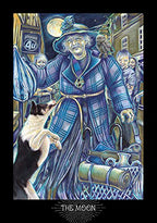 Tarot card titled 'The Moon' featuring a figure in a blue dress with a dog and owl, under a moonlit sky.