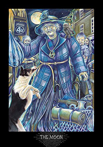 Tarot card titled 'The Moon' featuring a figure in a blue dress with a dog and owl, under a moonlit sky.