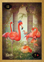 Card featuring pink flamingos in a decorative setting with gold border
