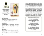 Card from a tarot or oracle deck with an illustration of a coffin and a person raising a hand, accompanied by text and reflection questions.