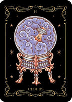 Decorative card with a crystal ball and cloud design on a black background