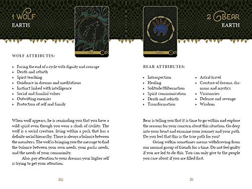 Two tarot cards with wolf and bear symbols and descriptive text on a black background.