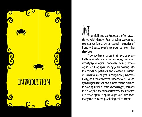 Book page with yellow introduction card featuring a spider and text on a black and white background.