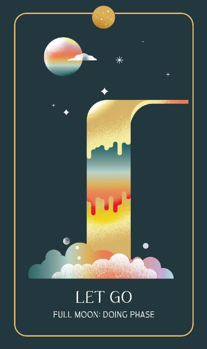 Colorful design with a number '1' and celestial elements on a dark background, labeled 'Let Go'.