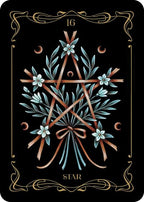 Tarot card with a pentagram design, flowers, and decorative elements on a black background.