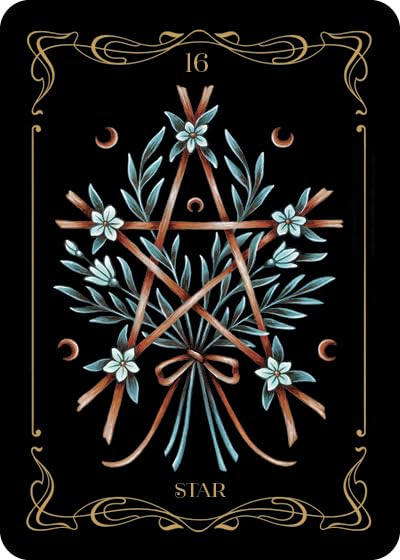 Tarot card with a pentagram design, flowers, and decorative elements on a black background.